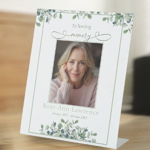 Elegant Simple Eucalyptus Photo In loving memory Pedestal Sign