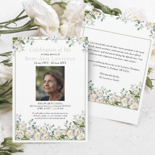 Elegant Simple Eucalyptus White Rose Photo Funeral Invitation
