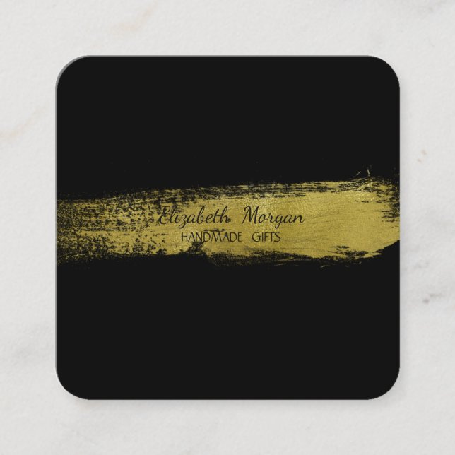 Elegant Simple Faux Gold Foil Brush Stroke,Black Square Business Card (Front)