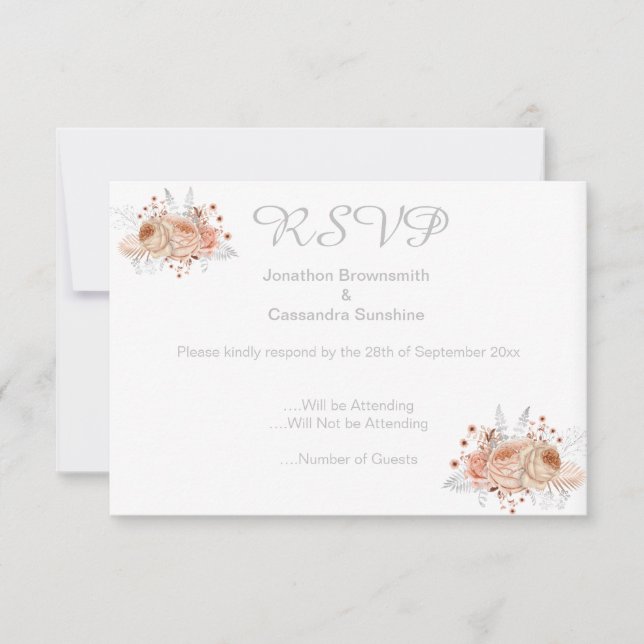 ELEGANT SIMPLE FLORAL APRICOT  GLITTER RSVP INVITATION (Front)