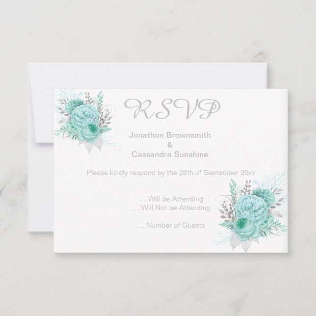 ELEGANT SIMPLE FLORAL AQUA GLITTER RSVP INVITATION (Front)