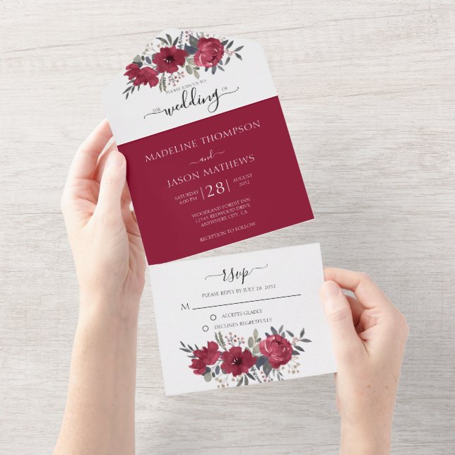 Elegant Simple Floral Burgundy All in One Wedding  All In One Invitation (Tearaway)