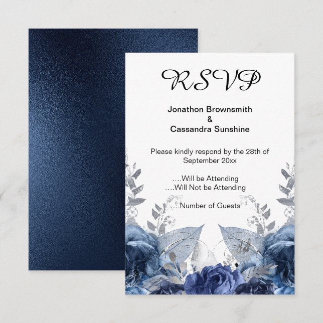 ELEGANT SIMPLE FLORAL NAVY RSVP INVITATION (Front/Back)