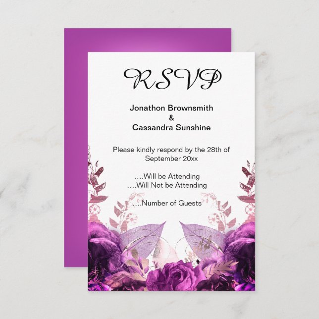 ELEGANT SIMPLE FLORAL PURPLE METALLIC RSVP INVITATION (Front/Back)