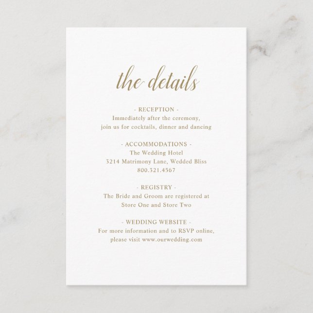 Elegant Simple Formal Script Details Gold Wedding Enclosure Card (Front)