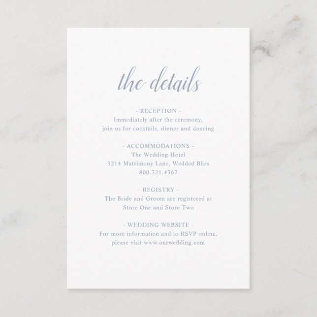 Elegant Simple Formal Script Dusty Blue Wedding Enclosure Card (Front)