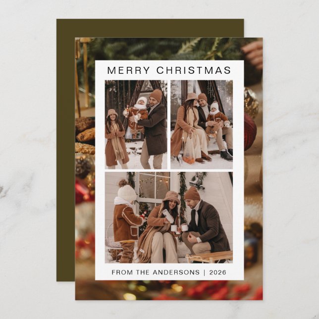 Elegant Simple Frame Christmas Family 3 Photo Holiday Card (Front/Back)