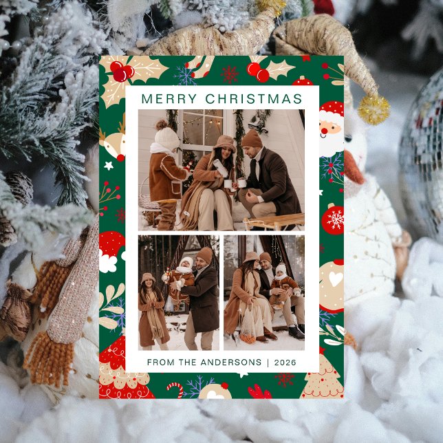 Elegant Simple Frame Christmas Family 3 Photo Holiday Card (Creator Uploaded)