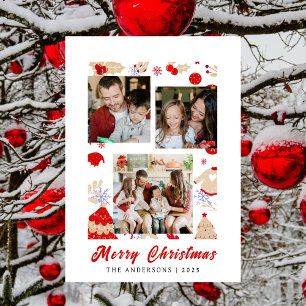 Elegant Simple Frame Christmas Family 3 Photo Holiday Card