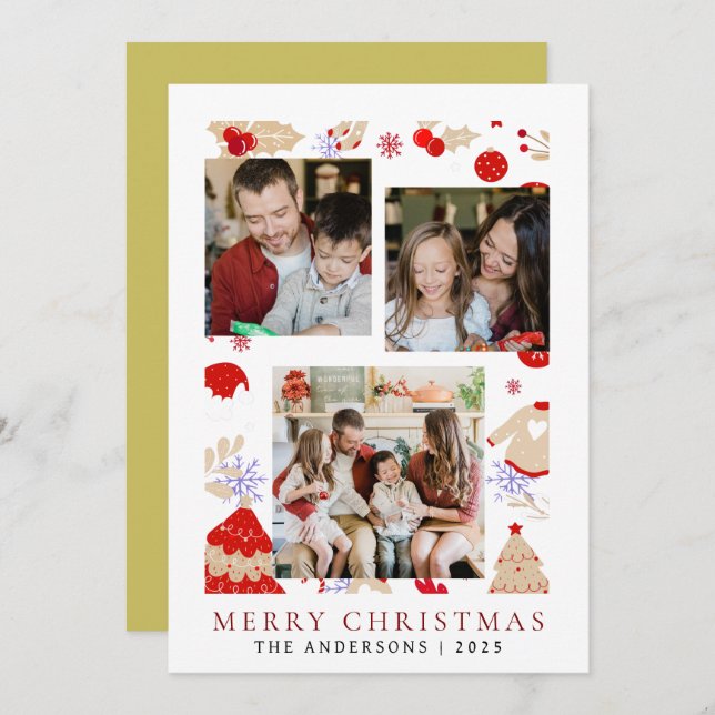 Elegant Simple Frame Christmas Family 3 Photo Holiday Card (Front/Back)