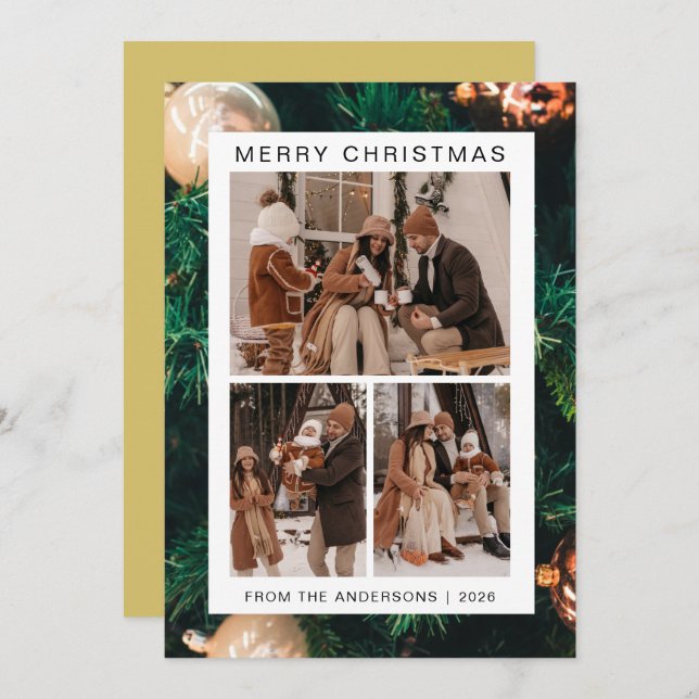 Elegant Simple Frame Christmas Family 3 Photo Holiday Card (Front/Back)