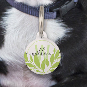 Elegant Simple Fresh Green Leaves Monogram Name Pet Tag