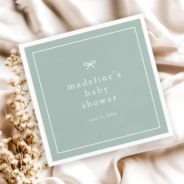 Elegant Simple Gender Neutral Baby Shower Napkin (Simple bow sage green gender neutral baby shower napkins.)