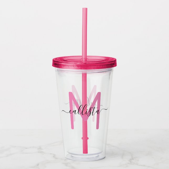 Elegant Simple Girly Pink Black Monogram Acrylic Tumbler (Front)
