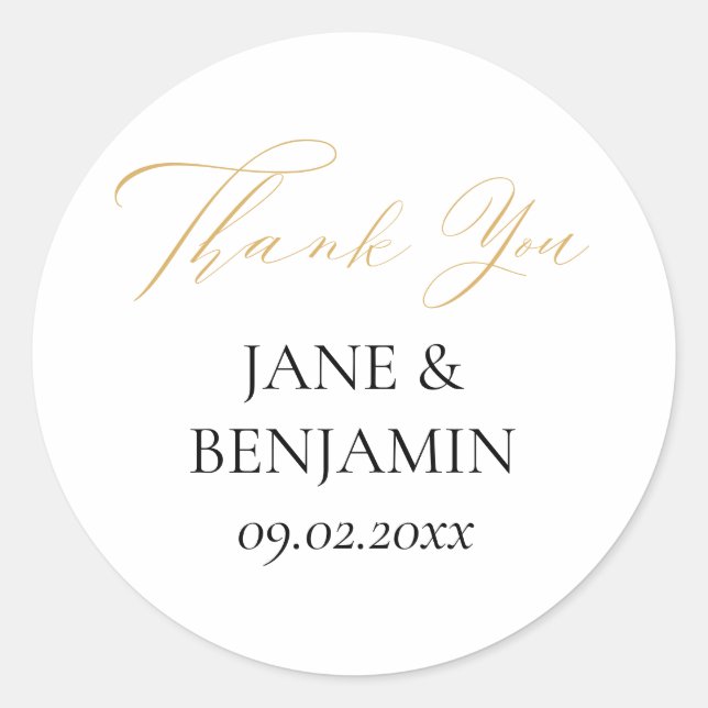 Elegant Simple Gold & Black Wedding Thank You Classic Round Sticker (Front)