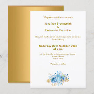 ELEGANT SIMPLE GOLD BLUE FLORAL  GOLD WEDDING INVITATION