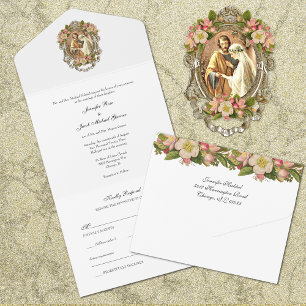 Elegant Simple Gold Catholic Floral Wedding  All I In One Invitation