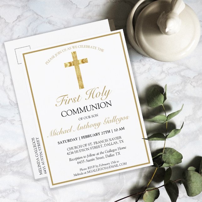 Elegant Simple Gold Cross First Holy Communion Invitation Postcard (Creator Uploaded)