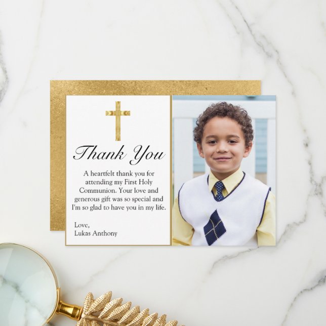 Elegant Simple Gold Cross First Holy Communion Thank You Card (Front/Back In Situ)