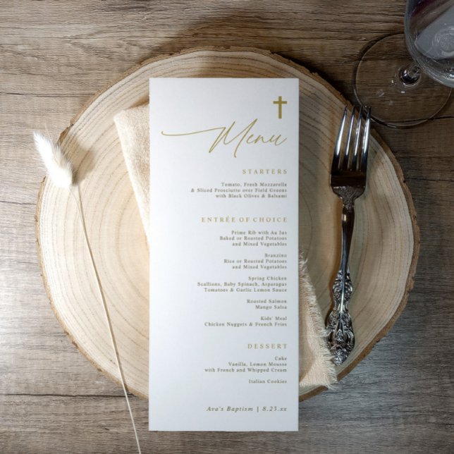 Elegant Simple Gold Cross Modern Script Baptism Menu (Elegant gold cross baptism menu with minimalist script and simple modern religious design)