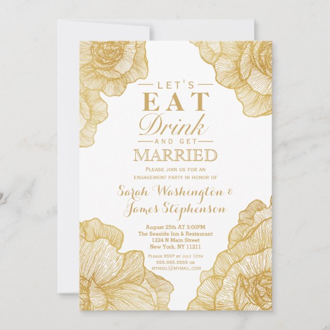 Elegant Simple Gold Floral Engagement Party Invite (Front)