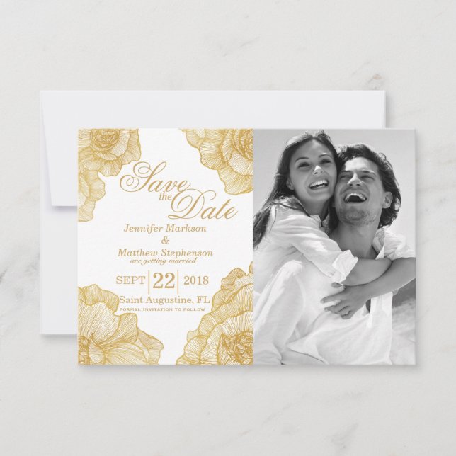 Elegant Simple Gold Floral Save the Dates Date (Front)