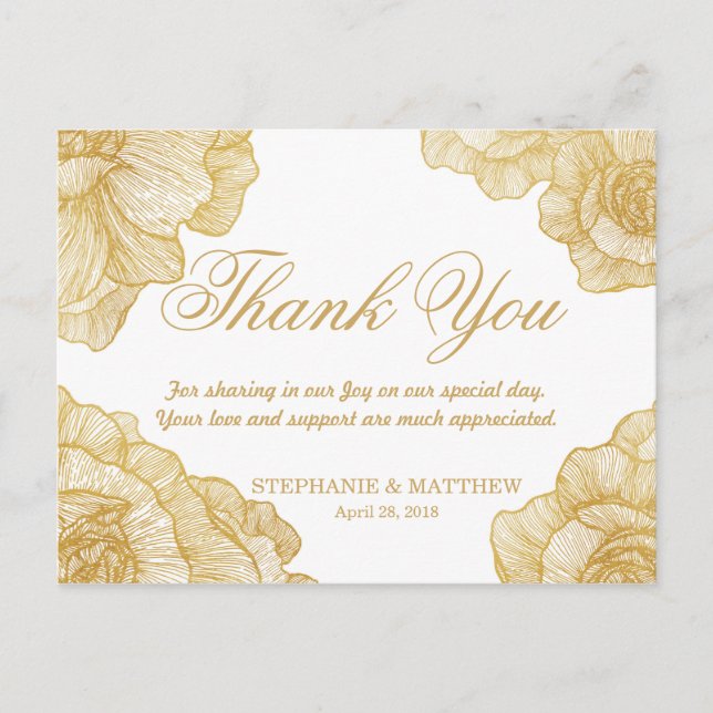 Elegant Simple Gold Floral Thank You Postcards (Front)