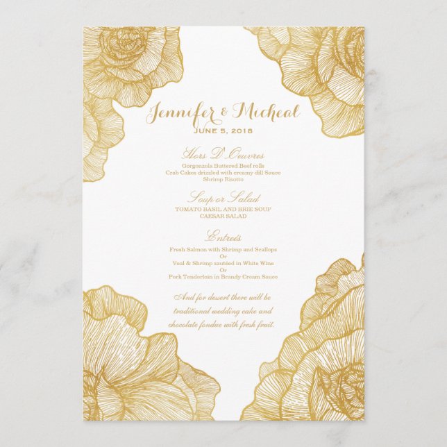 Elegant Simple Gold Floral Wedding Menu Cards (Front)