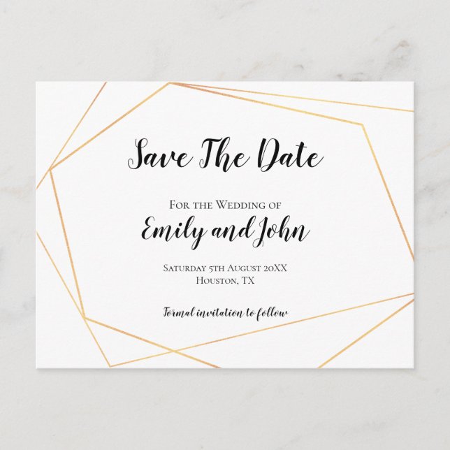 Elegant Simple Gold Geometric Frame/Save The Date Postcard (Front)