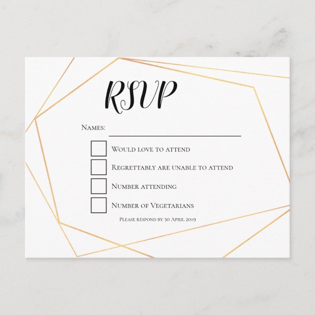 Elegant Simple Gold Geometric Frame Wedding RSVP Postcard (Front)