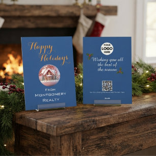 Elegant Simple Gold Navy Blue Logo QR Code Holiday Card