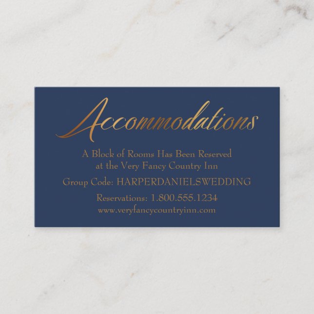 Elegant Simple Gold Navy Wedding Accommodations Enclosure Card (Front)