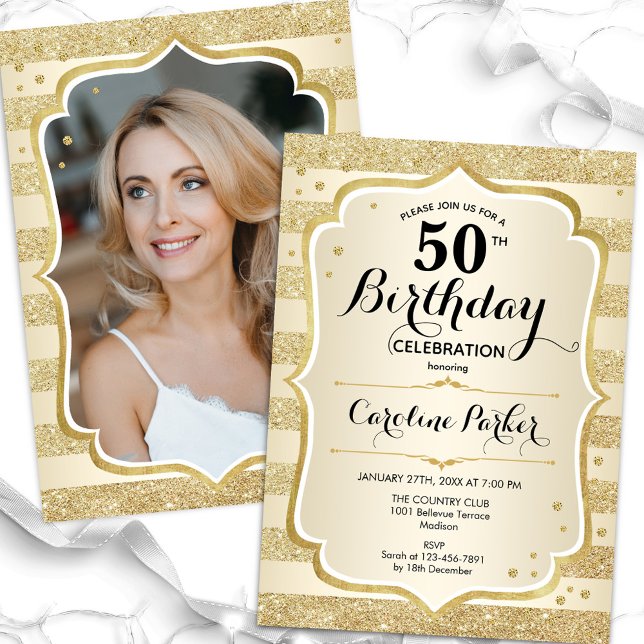Elegant Simple Gold Photo 50th Birthday Invitation (Creator Uploaded)