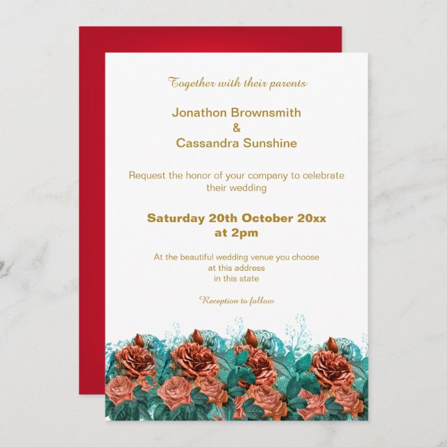 ELEGANT SIMPLE GOLD RED FLORAL SIMPLE WEDDING INVITATION (Front/Back)