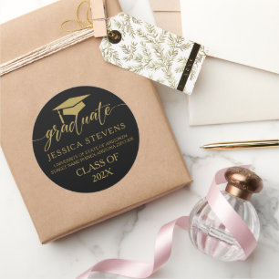 Elegant simple gold script Calligraphy On Black Classic Round Sticker