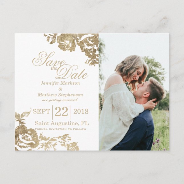 Elegant Simple Gold White Floral Save the Date Announcement Postcard (Front)