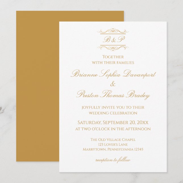 Elegant Simple Gold & White Monogram Wedding Invitation (Front/Back)