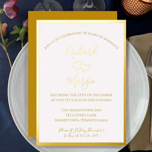 Elegant Simple Golden 50th Wedding Anniversary (Create a beautiful simple gold foil invitation with this template. Easily customize 50th anniversary)