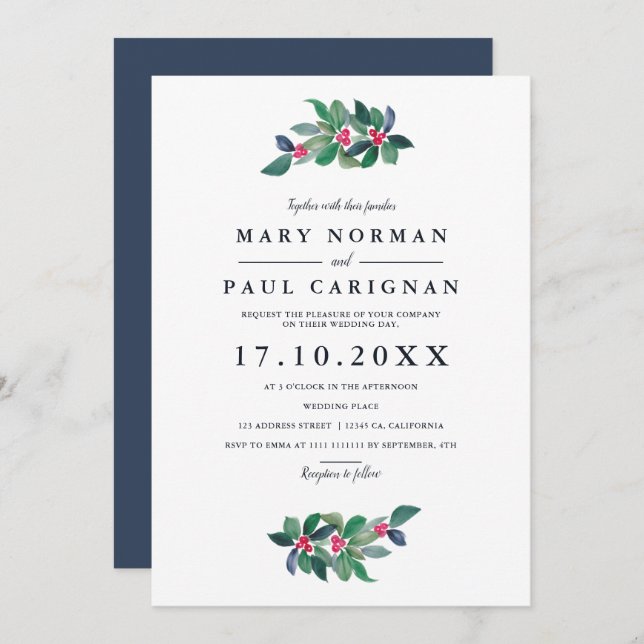 Elegant simple green blue winter Christmas wedding Invitation (Front/Back)