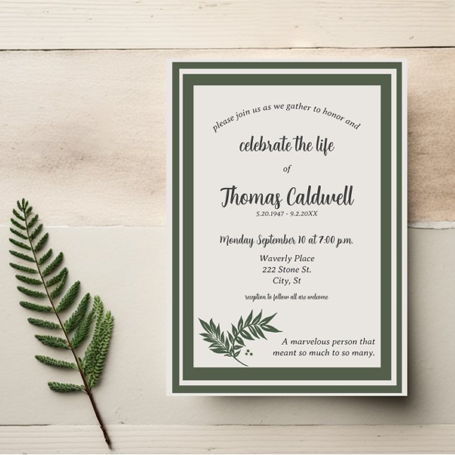 Elegant Simple Green Border Memorial Invitation (Creator Uploaded)
