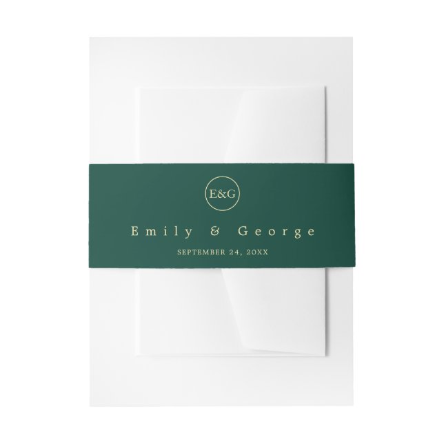 Elegant Simple Green Gold Monogram Modern Wedding Invitation Belly Band (Front Example)