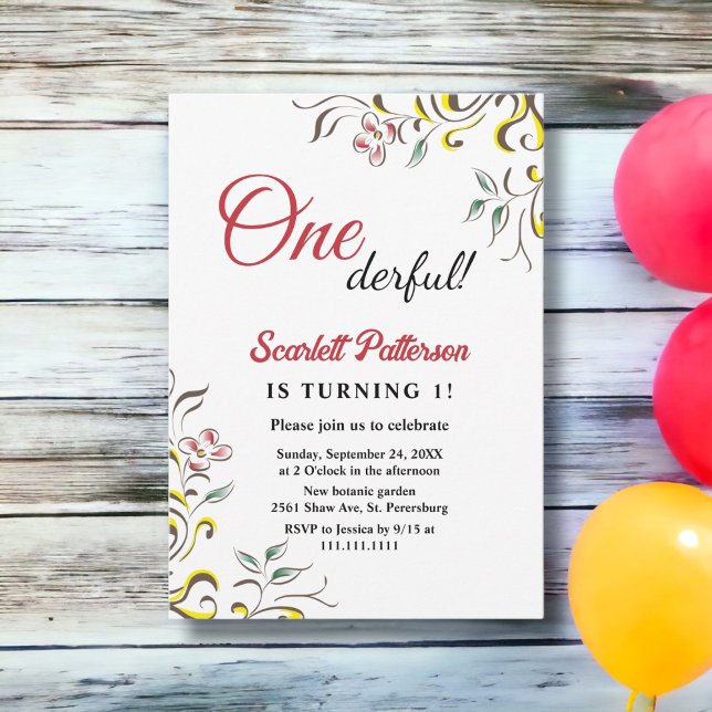 Elegant Simple Greenery Rose Floral 1st Birthday Invitation (Creator Uploaded)