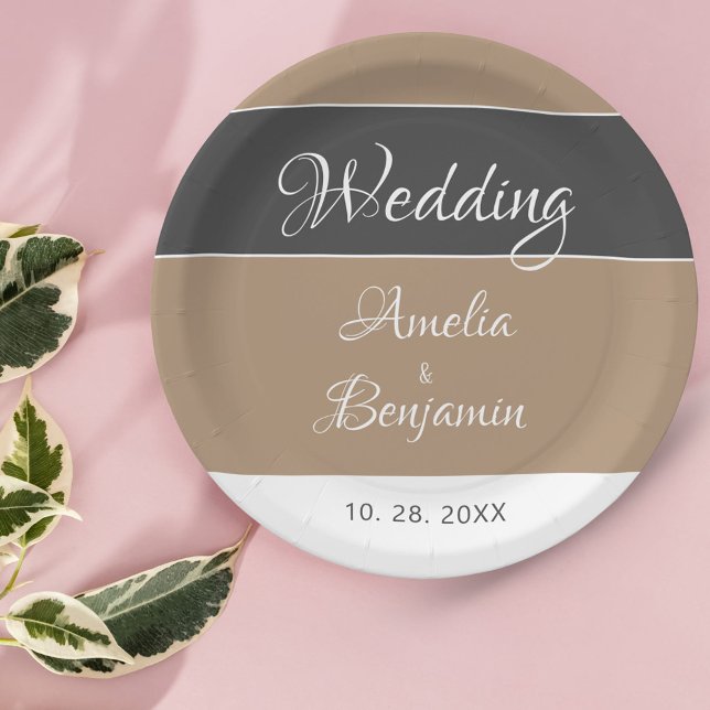 Elegant Simple Grey Beige Script Wedding  Paper Plate (Creator Uploaded)