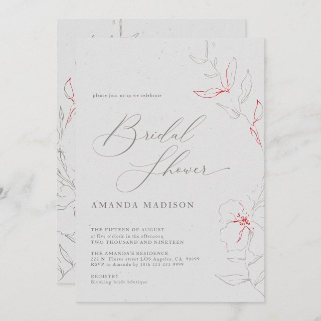 Elegant simple grey & red flowers Bridal Shower Invitation (Front/Back)