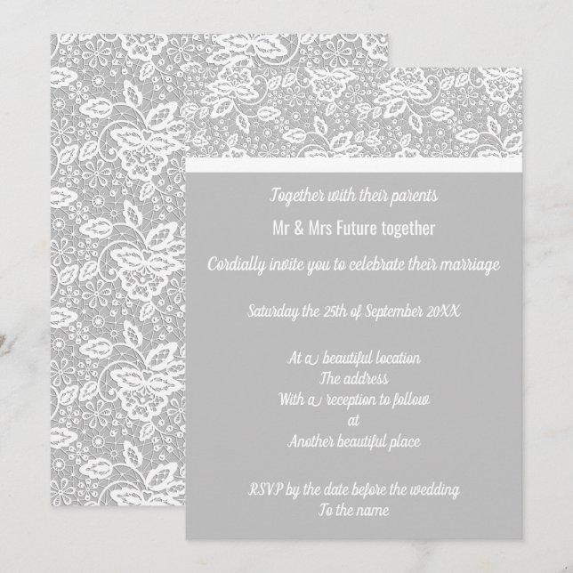 Elegant & Simple Grey White Lace Wedding Invitation (Front/Back)