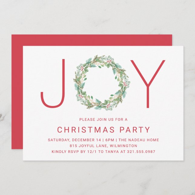 Elegant Simple Joy Wreath Christmas Party Invitation (Front/Back)