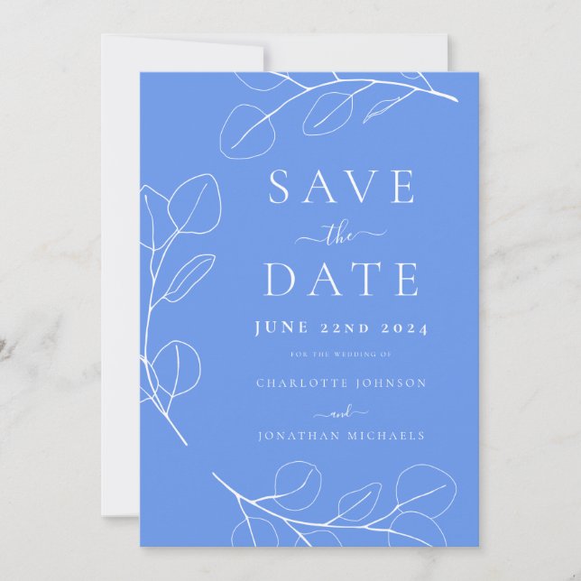 Elegant Simple Leaves Blue Wedding Save The Date (Front)