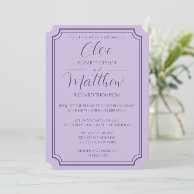 Elegant Simple Lilac Script Wdding Invitation (Standing Front)