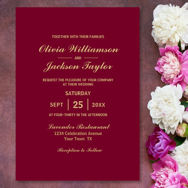 Elegant Simple Magenta Gold Wedding Invitation (Creator Uploaded)