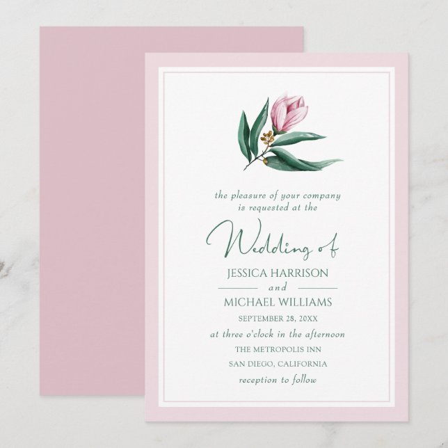 Elegant Simple Magnolia Flower Dusty Pink Wedding Invitation (Front/Back)